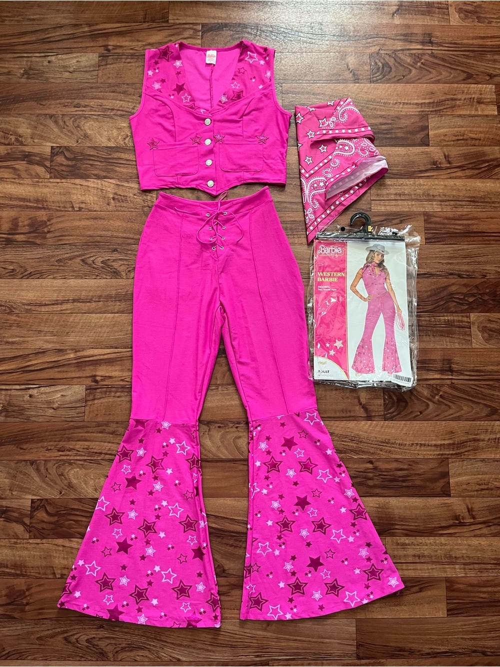 Western Barbie Hot Pink Star Flare Pants with Matching Crop Vest & Bandana